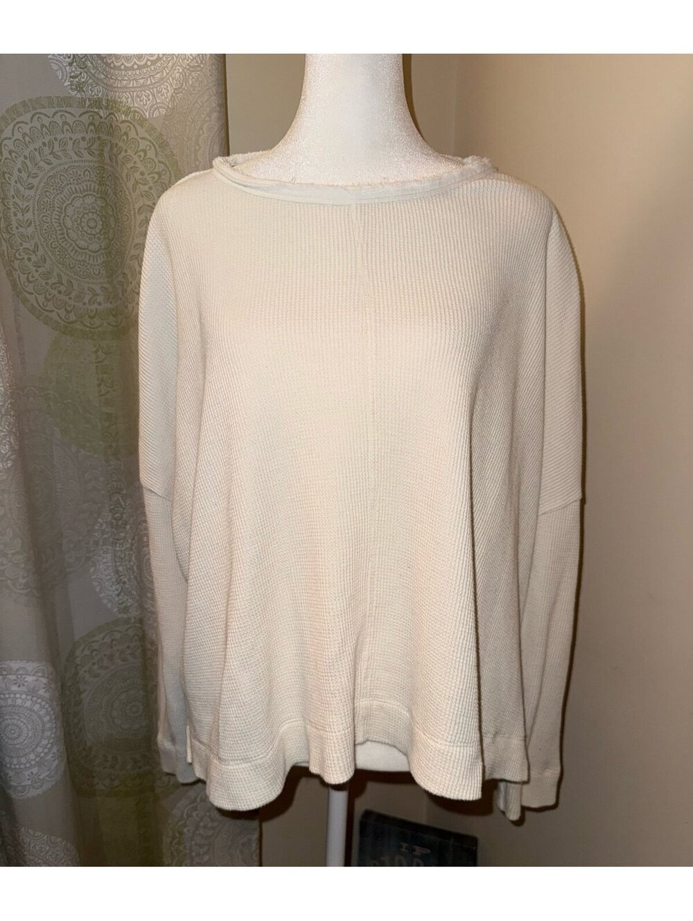 Anthropologie Women's white waffle knit long sleeve thermal top Sz S boho hippie